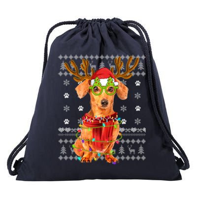 Ugly Sweater Christmas Lights Dachshund Dog Puppy Lover Gift Drawstring Bag