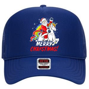 Unicorn Santa Claus Christmas Holiday Santa Riding Unicorn Gift High Crown Mesh Back Trucker Hat