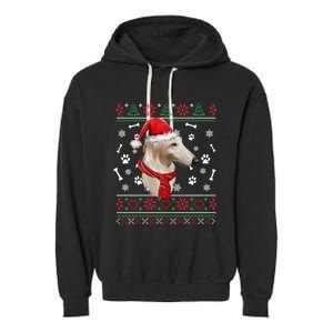 Ugly Sweater Christmas Borzoi Dog Santa Hat Pajama Xmas Long Sleeve Garment-Dyed Fleece Hoodie