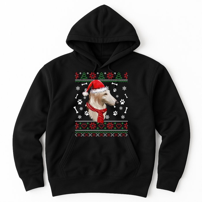 Ugly Sweater Christmas Borzoi Dog Santa Hat Pajama Xmas Long Sleeve Hoodie