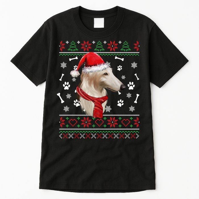 Ugly Sweater Christmas Borzoi Dog Santa Hat Pajama Xmas Long Sleeve Tall T-Shirt