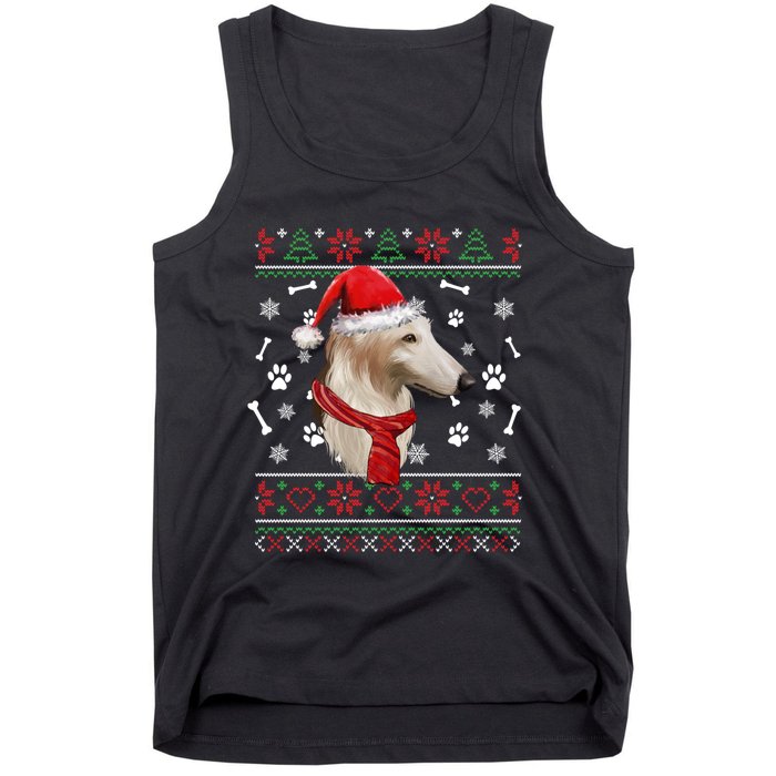 Ugly Sweater Christmas Borzoi Dog Santa Hat Pajama Xmas Long Sleeve Tank Top