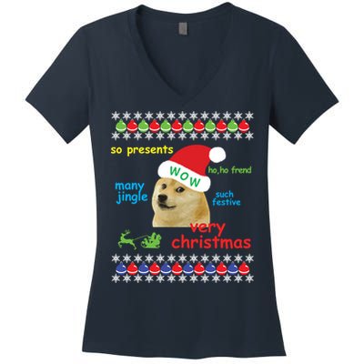 Ugly Sweater Christmas Doge Meme Sweatshirt Shiba Inu Dog Women's V-Neck T-Shirt