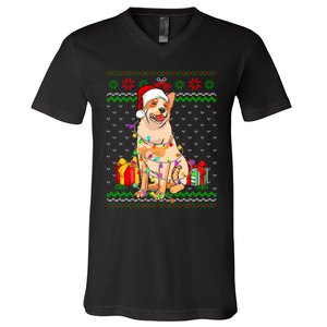 Ugly Sweater Christmas Lights Australian Cattle Dog Lover V-Neck T-Shirt