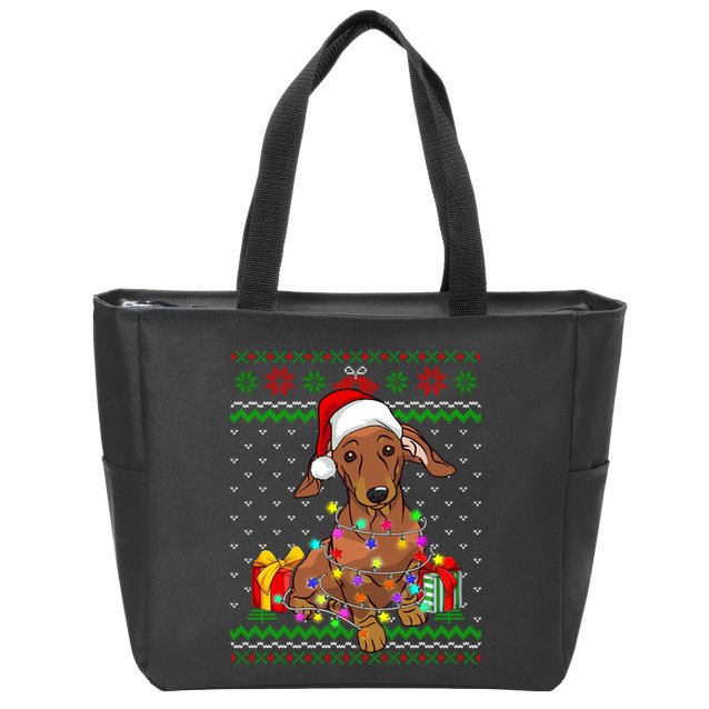 Ugly Sweater Christmas Lights Dachshund Dog Lover Zip Tote Bag