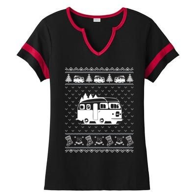 Ugly Sweater Christmas Holiday Design Funny Camper Xmas Ladies Halftime Notch Neck Tee