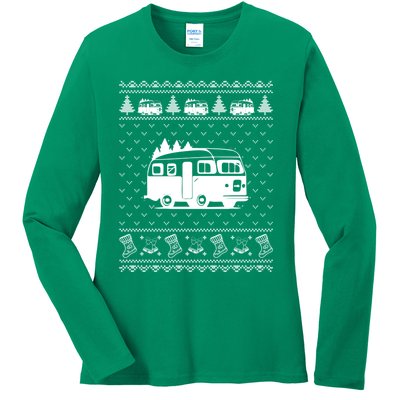 Ugly Sweater Christmas Holiday Design Funny Camper Xmas Ladies Long Sleeve Shirt