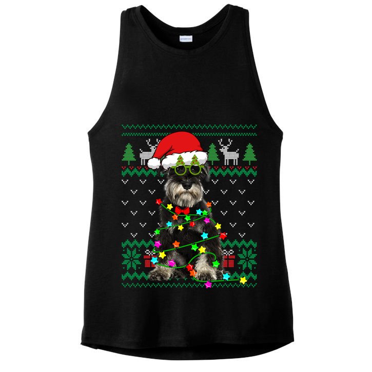 Ugly Sweater Christmas Lights Schnauzer Dog Puppy Lover Gift Ladies PosiCharge Tri-Blend Wicking Tank