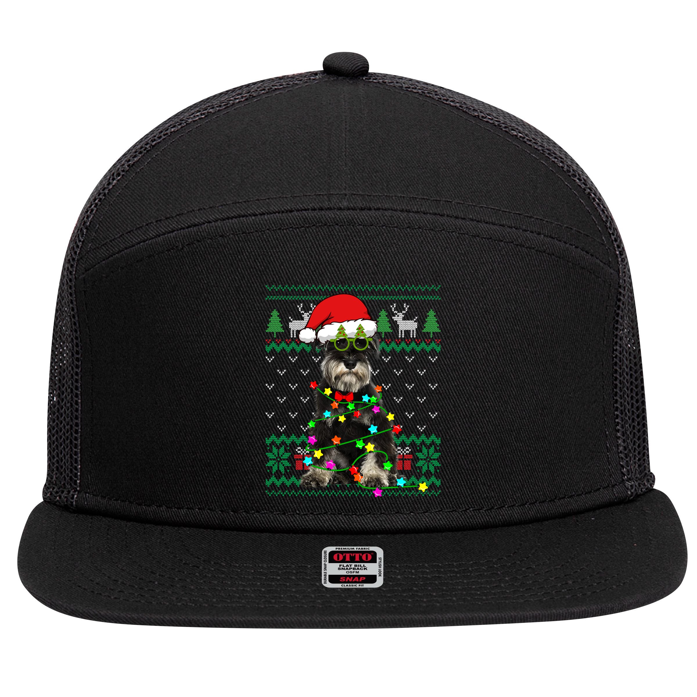 Ugly Sweater Christmas Lights Schnauzer Dog Puppy Lover Gift 7 Panel Mesh Trucker Snapback Hat