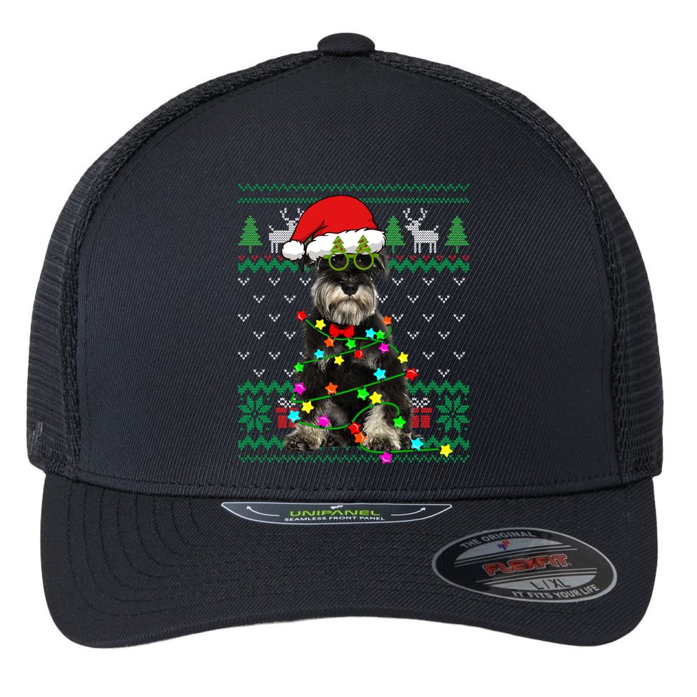 Ugly Sweater Christmas Lights Schnauzer Dog Puppy Lover Gift Flexfit Unipanel Trucker Cap