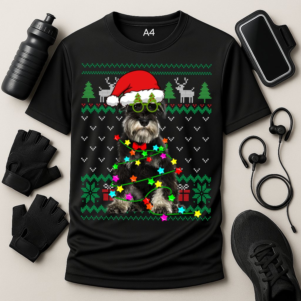Ugly Sweater Christmas Lights Schnauzer Dog Puppy Lover Gift Cooling Performance Crew T-Shirt