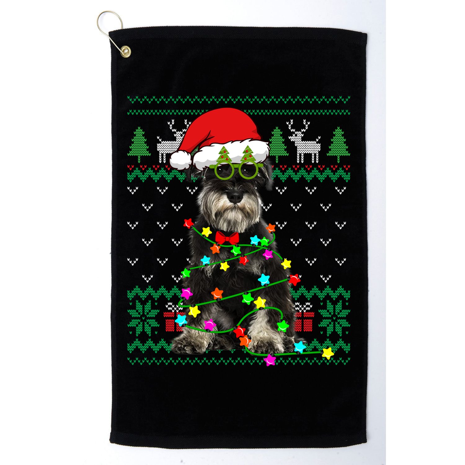 Ugly Sweater Christmas Lights Schnauzer Dog Puppy Lover Gift Golf Towel