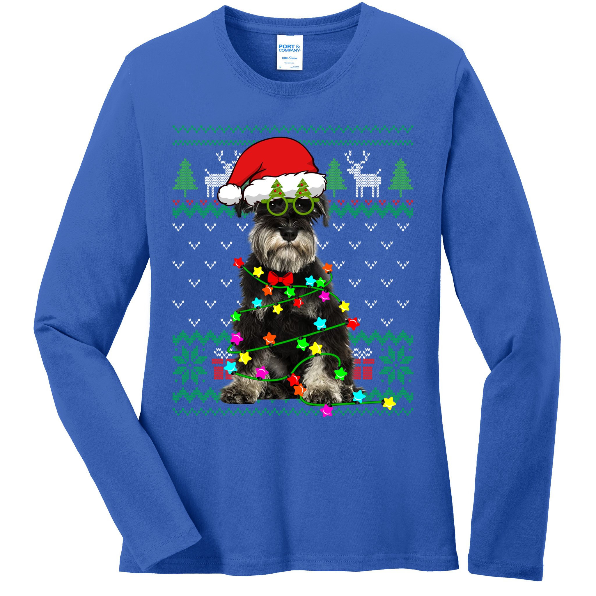 Ugly Sweater Christmas Lights Schnauzer Dog Puppy Lover Gift Ladies Long Sleeve Shirt