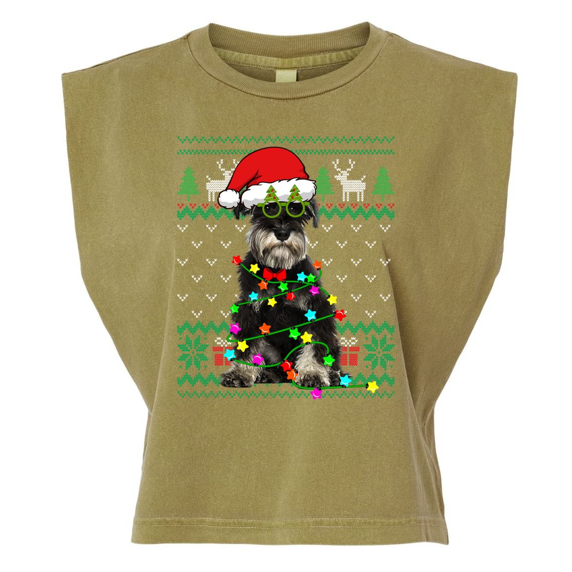 Ugly Sweater Christmas Lights Schnauzer Dog Puppy Lover Gift Garment-Dyed Women's Muscle Tee