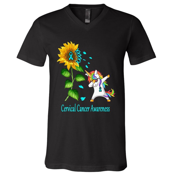 Unicorn SunFlower Cervical Cancer Awareness V-Neck T-Shirt