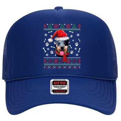 Ugly Sweater Christmas Blue Heeler Santa Hat Pajama Xmas Cool Gift High Crown Mesh Back Trucker Hat