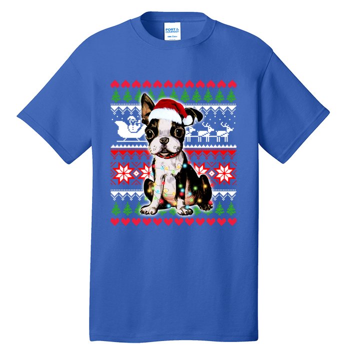 Ugly Sweater Christmas Lights Boston Terrier Dog Lover Gift Tall T-Shirt