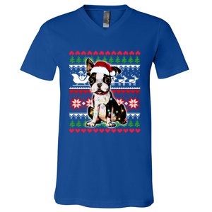 Ugly Sweater Christmas Lights Boston Terrier Dog Lover Gift V-Neck T-Shirt