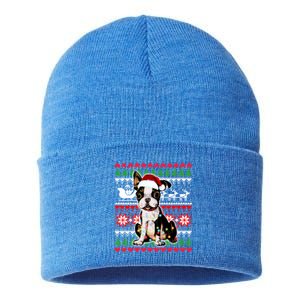 Ugly Sweater Christmas Lights Boston Terrier Dog Lover Gift Sustainable Knit Beanie