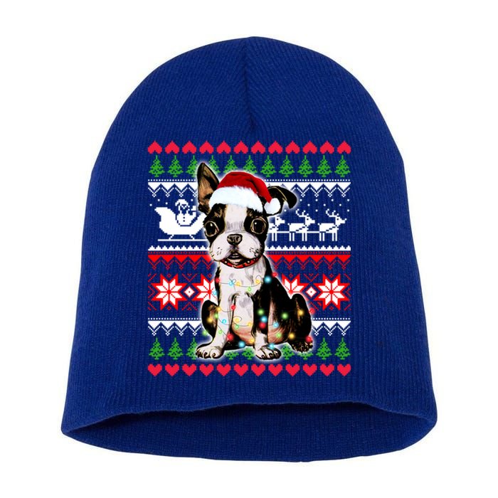 Ugly Sweater Christmas Lights Boston Terrier Dog Lover Gift Short Acrylic Beanie