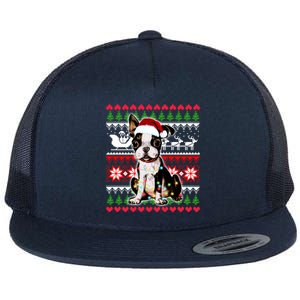 Ugly Sweater Christmas Lights Boston Terrier Dog Lover Gift Flat Bill Trucker Hat