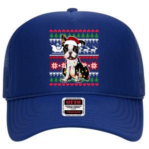 Ugly Sweater Christmas Lights Boston Terrier Dog Lover Gift High Crown Mesh Back Trucker Hat