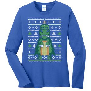 Ugly Sweater Christmas Dinosaur Design Funny Xmas Tree Rex Funny Gift Ladies Long Sleeve Shirt