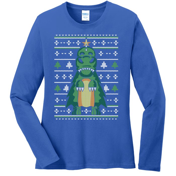 Ugly Sweater Christmas Dinosaur Design Funny Xmas Tree Rex Funny Gift Ladies Long Sleeve Shirt