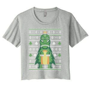 Ugly Sweater Christmas Dinosaur Design Funny Xmas Tree Rex Funny Gift Women's Crop Top Tee