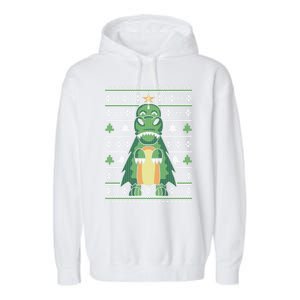 Ugly Sweater Christmas Dinosaur Design Funny Xmas Tree Rex Funny Gift Garment-Dyed Fleece Hoodie