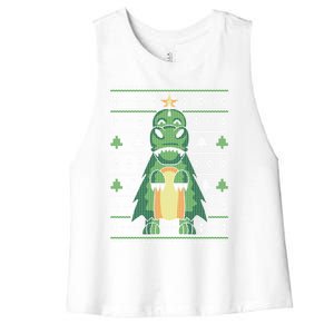 Ugly Sweater Christmas Dinosaur Design Funny Xmas Tree Rex Funny Gift Women's Racerback Cropped Tank