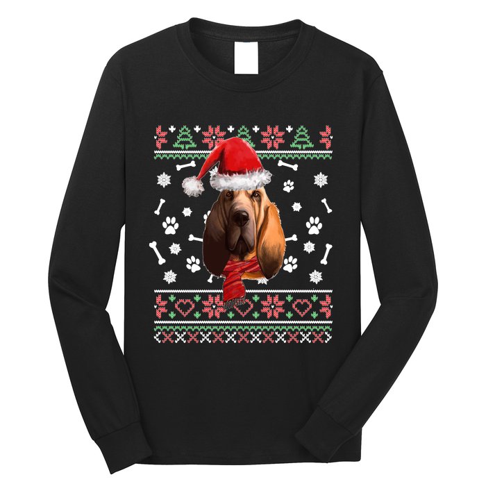 Ugly Sweater Christmas Bloodhound Dog Santa Hat Pajama Long Sleeve Shirt