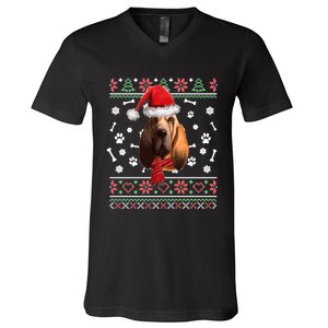 Ugly Sweater Christmas Bloodhound Dog Santa Hat Pajama V-Neck T-Shirt