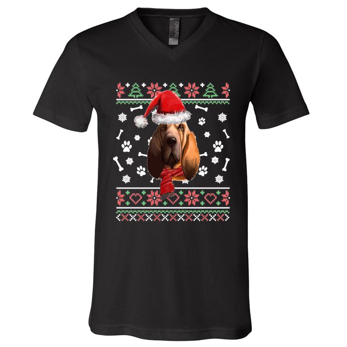 Ugly Sweater Christmas Bloodhound Dog Santa Hat Pajama V-Neck T-Shirt