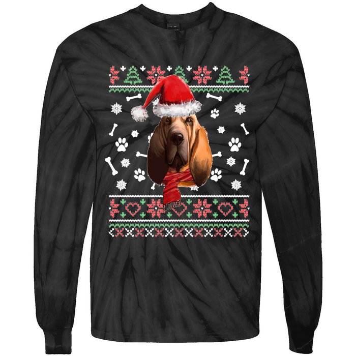 Ugly Sweater Christmas Bloodhound Dog Santa Hat Pajama Tie-Dye Long Sleeve Shirt