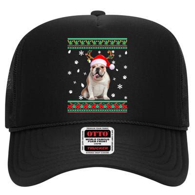 Ugly Sweater Christmas English Bulldog Dog Santa Reindeer Long Sleeve High Crown Mesh Back Trucker Hat