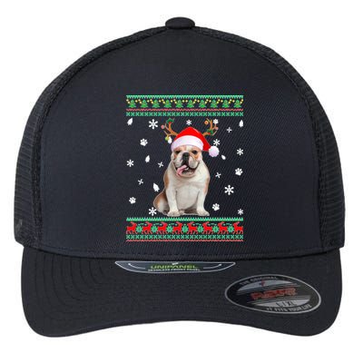 Ugly Sweater Christmas English Bulldog Dog Santa Reindeer Long Sleeve Flexfit Unipanel Trucker Cap