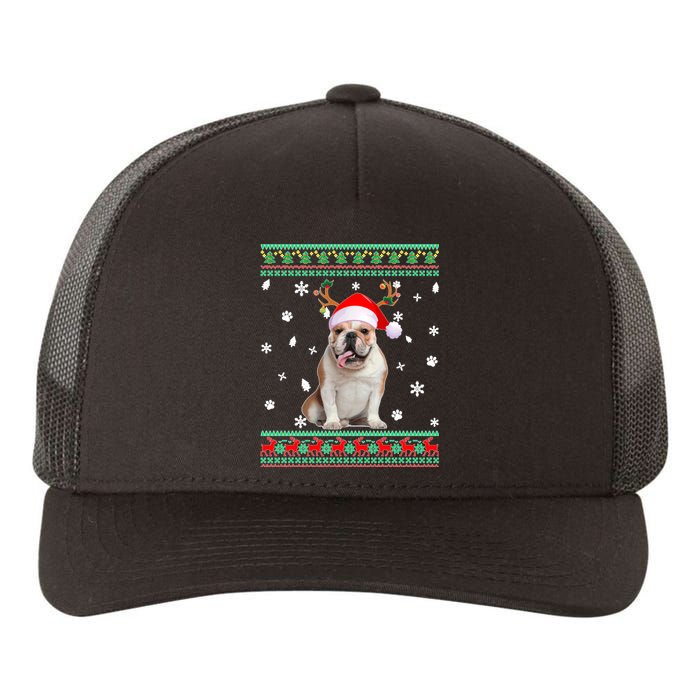 Ugly Sweater Christmas English Bulldog Dog Santa Reindeer Long Sleeve Yupoong Adult 5-Panel Trucker Hat