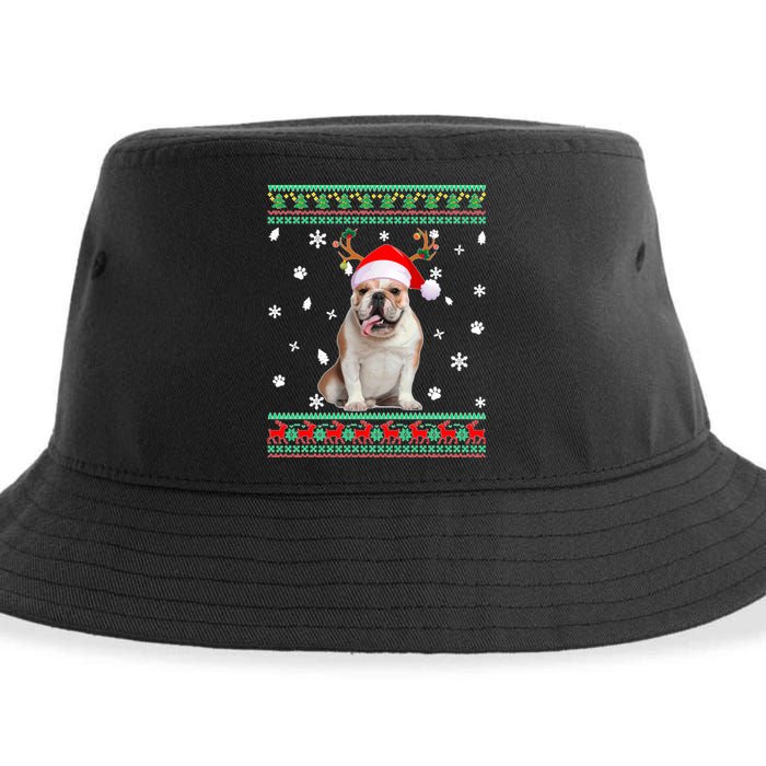 Ugly Sweater Christmas English Bulldog Dog Santa Reindeer Long Sleeve Sustainable Bucket Hat