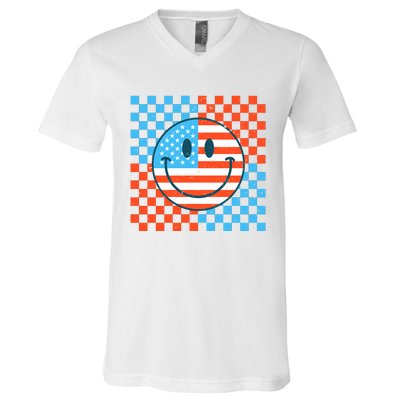 Usa Smiley Checkerboard V-Neck T-Shirt