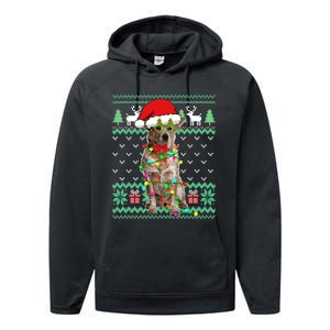 Ugly Sweater Christmas Lights Australian Cattle Dog Puppy Long Sleeve Performance Fleece Hoodie