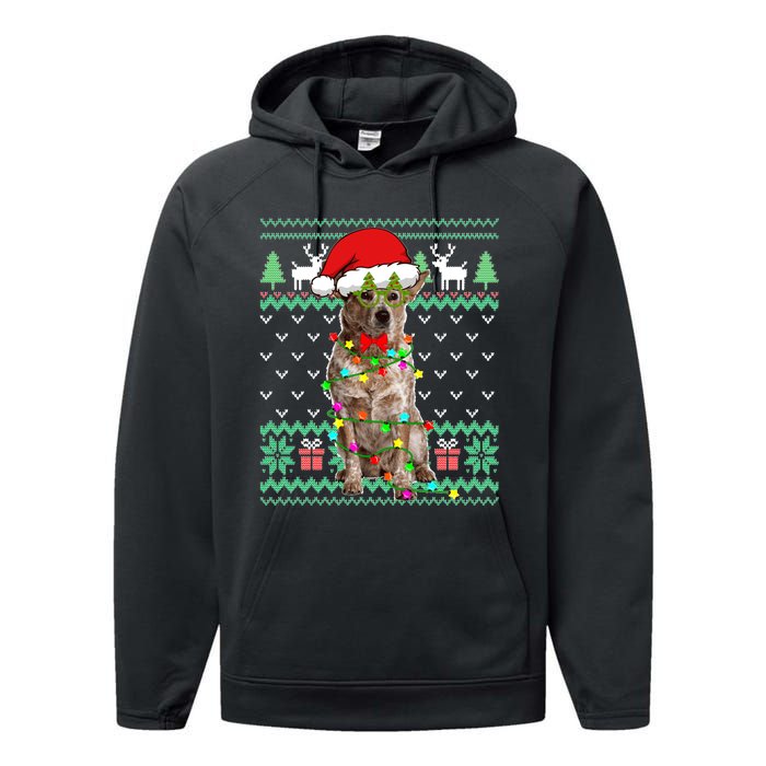 Ugly Sweater Christmas Lights Australian Cattle Dog Puppy Long Sleeve Performance Fleece Hoodie