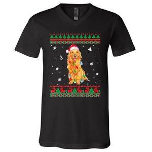 Ugly Sweater Christmas Lights Golden Retriever Dog Lover V-Neck T-Shirt