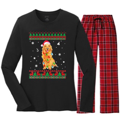 Ugly Sweater Christmas Lights Golden Retriever Dog Lover Women's Long Sleeve Flannel Pajama Set 