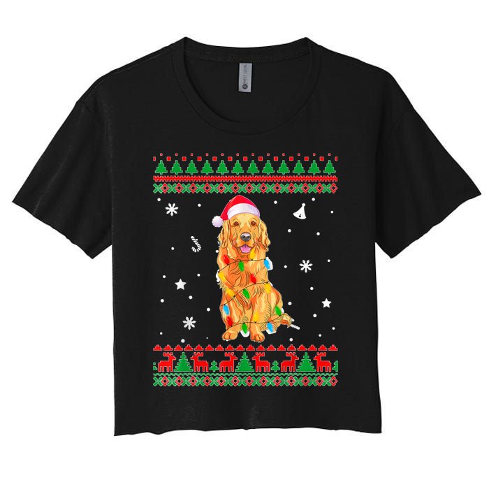 Ugly Sweater Christmas Lights Golden Retriever Dog Lover Women's Crop Top Tee