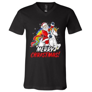 Unicorn Santa Claus Christmas Holiday V-Neck T-Shirt