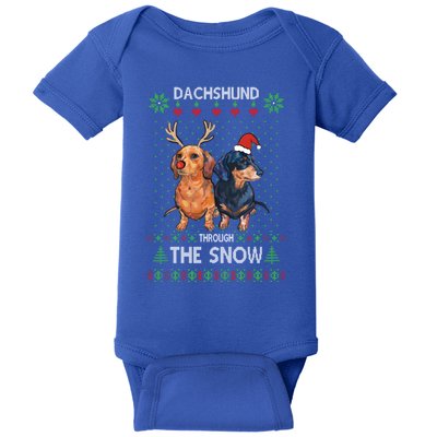 Ugly Sweater Dachshund Dog Through The Snow Merry Christmas Great Gift Baby Bodysuit