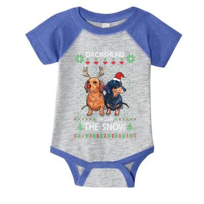 Ugly Sweater Dachshund Dog Through The Snow Merry Christmas Great Gift Infant Baby Jersey Bodysuit