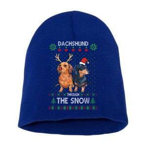 Ugly Sweater Dachshund Dog Through The Snow Merry Christmas Great Gift Short Acrylic Beanie