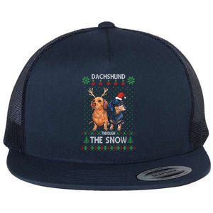 Ugly Sweater Dachshund Dog Through The Snow Merry Christmas Great Gift Flat Bill Trucker Hat